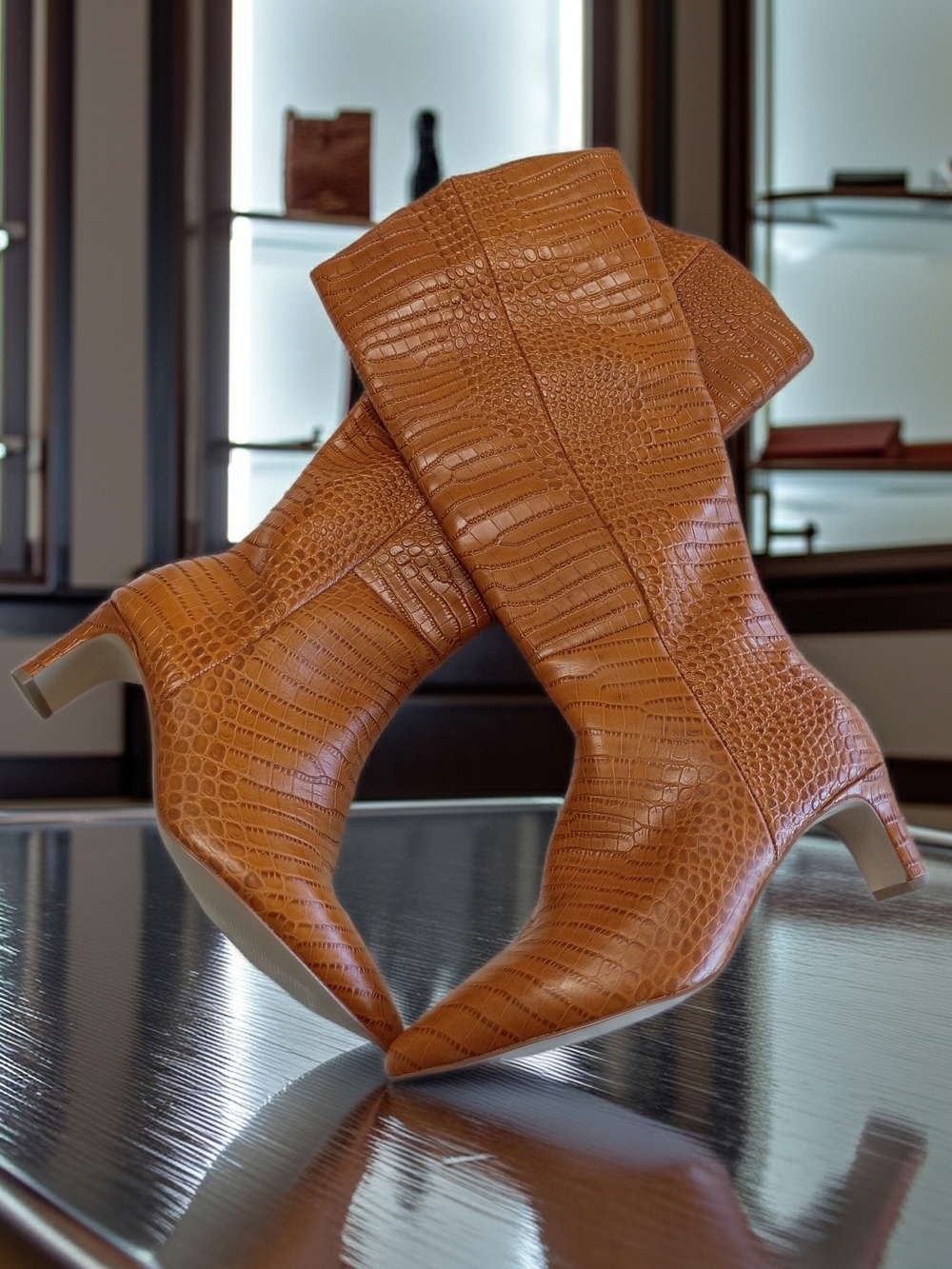 New Andre Assous Waverly Cognac Croc-Embossed Leather Mid-Calf Boots 7.5